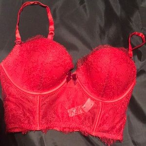 Victoria’s Secret red chantilly lace bustier bra.